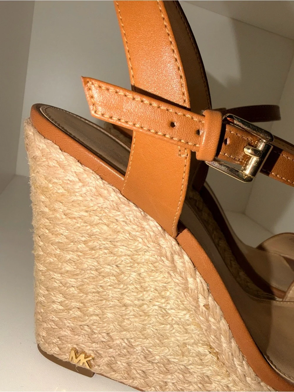 Michael Kors Tan Leather Espadrille Wedge Sandals